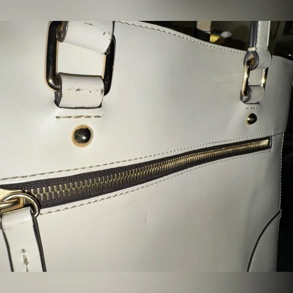 Dooney and Bourke Leather Bone Tote Bag, Gold hardware & blue accent scarf - Picture 4 of 16